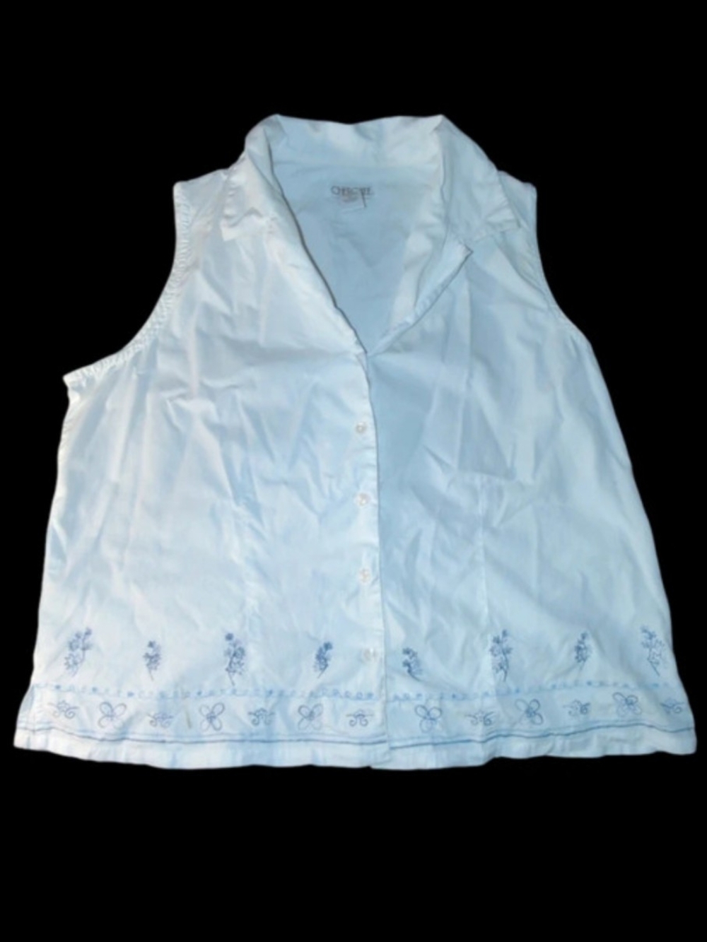 Cherokee White Sleeveless Button-Down Top with Blue Embroidery Size XL